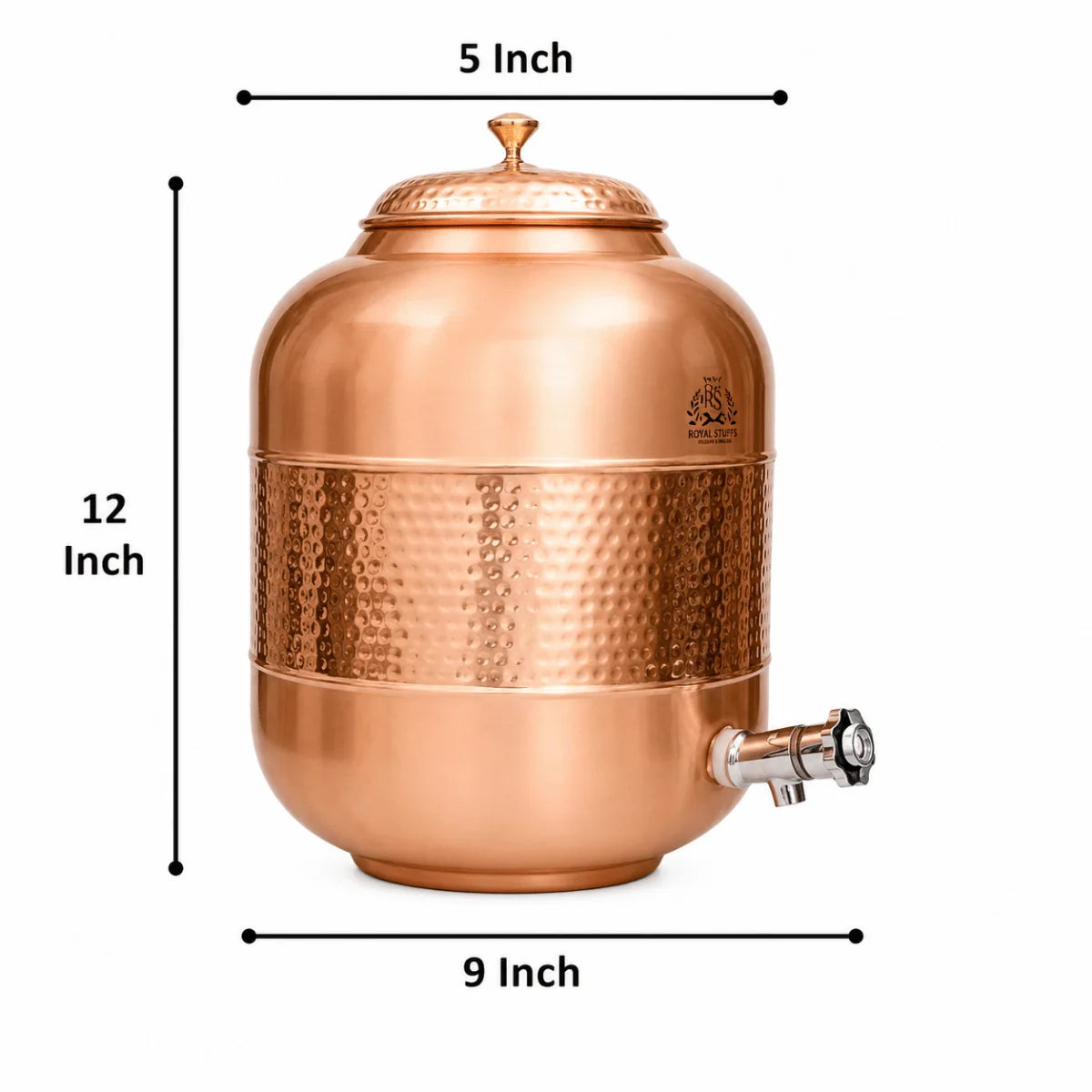 RoyalStuffs Pure Copper Water Dispenser Set – Hammered 8 Liter Copper Storage Tank with 2 Tumblers & 1 Bottle