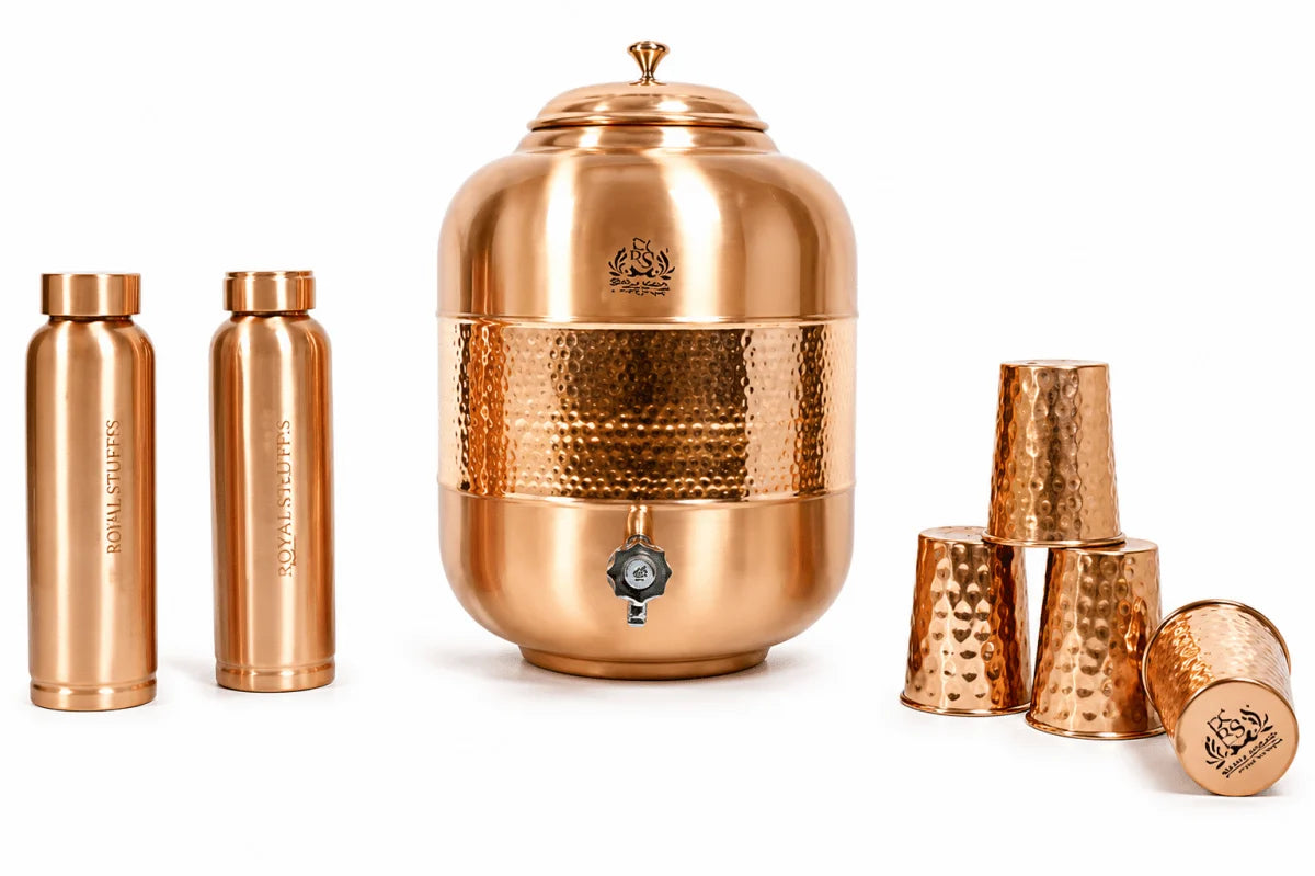 RoyalStuffs Pure Copper Water Dispenser Set – Hammered 8 Liter Copper Storage Tank with 4 Tumblers & 2 Bottles