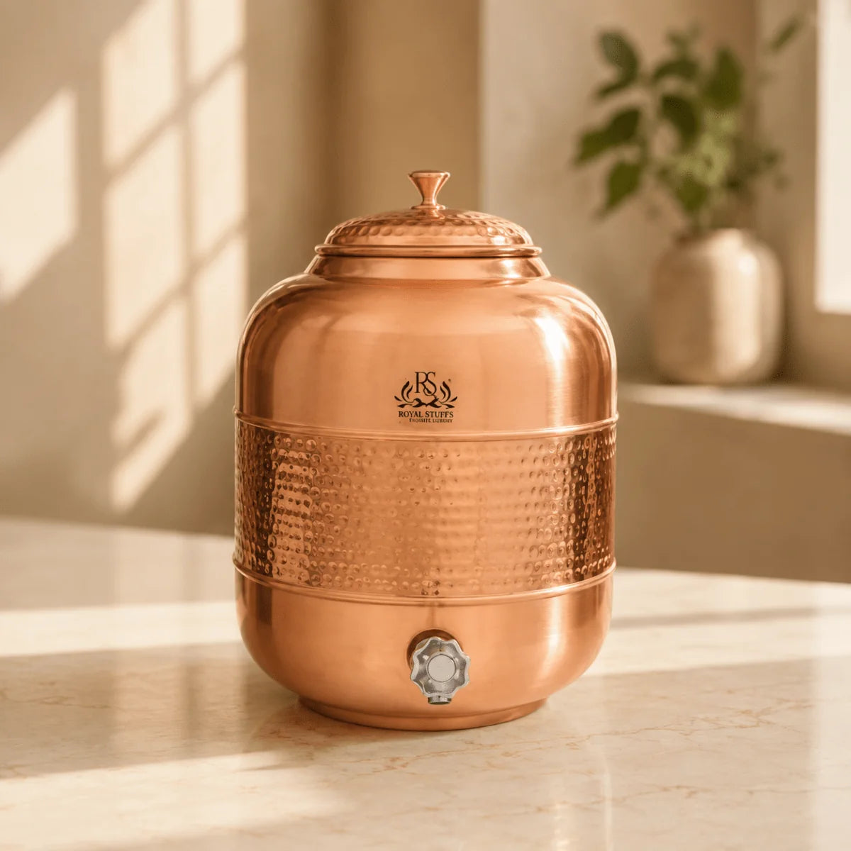 RoyalStuffs Pure Copper Water Dispenser Set – Hammered 8 Liter Copper Storage Tank with 4 Tumblers & 2 Bottles