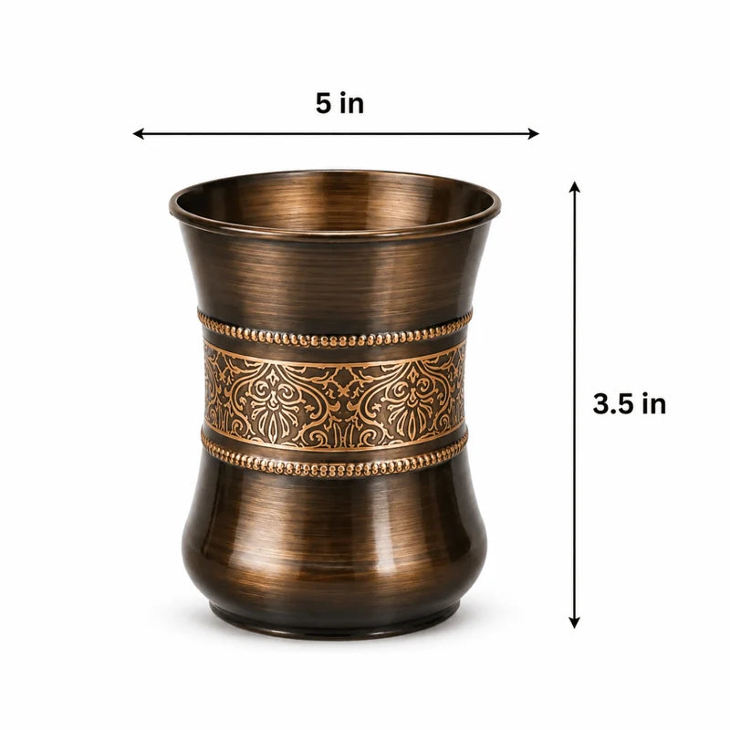 RoyalStuffs Pure Copper Antique Engraved Tumbler Set – Set of 2 Brown Copper Water Glasses with Gift Box (300 ML)