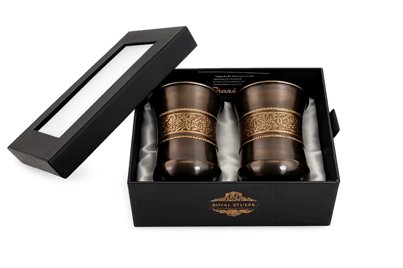 RoyalStuffs Pure Copper Antique Engraved Tumbler Set – Set of 2 Brown Copper Water Glasses with Gift Box (300 ML)
