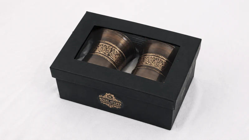 RoyalStuffs Pure Copper Antique Engraved Tumbler Set – Set of 2 Brown Copper Water Glasses with Gift Box (300 ML)