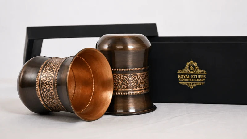 RoyalStuffs Pure Copper Antique Engraved Tumbler Set – Set of 2 Brown Copper Water Glasses with Gift Box (300 ML)