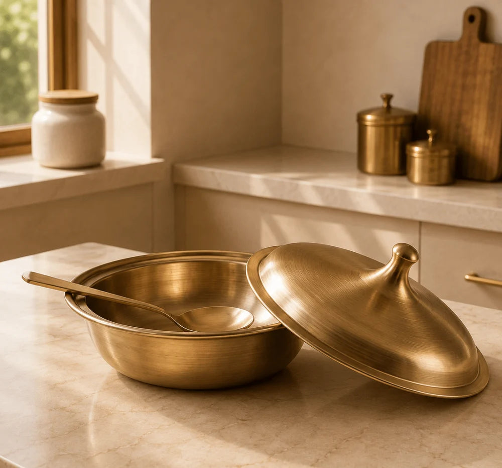 ROYALSTUFFS Pure Kansa Bronze Casserole Donga with Lid | Handmade Traditional Serving Bowl for Dining & Ayurveda Benefits