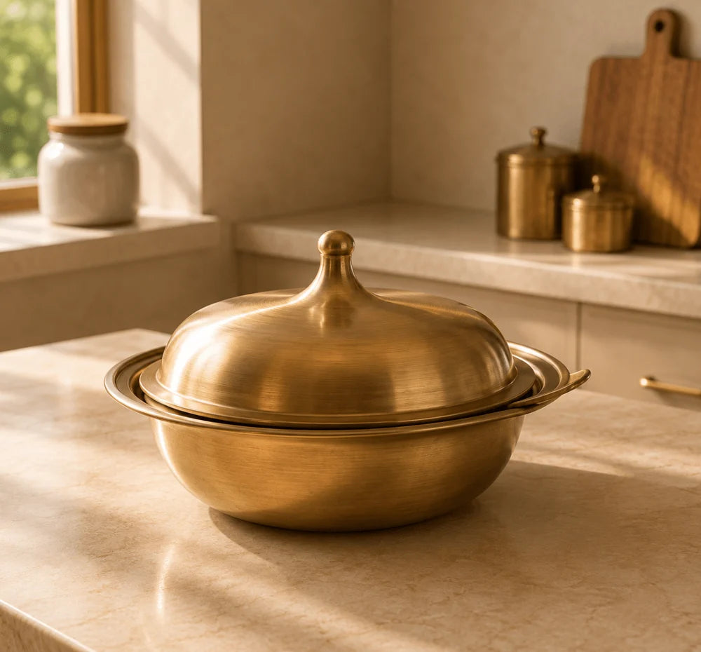 ROYALSTUFFS Pure Kansa Bronze Casserole Donga with Lid | Handmade Traditional Serving Bowl for Dining & Ayurveda Benefits