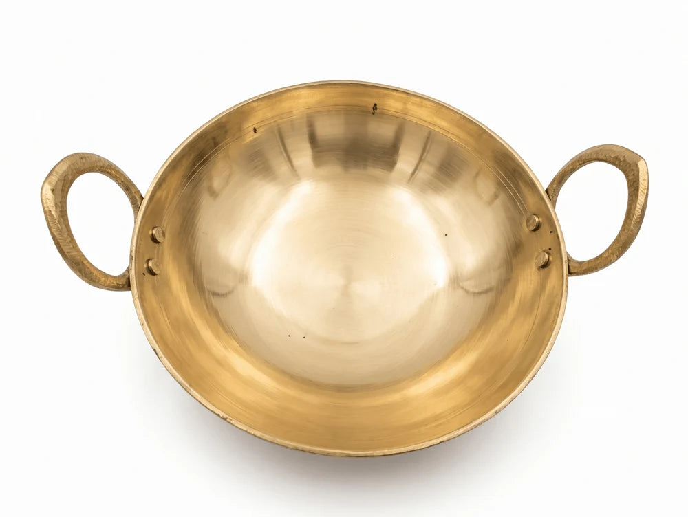 RoyalStuffs Pure Kansa Kadai with Broad Handles – Handmade Bronze Kadhai for Traditional Cooking (80:20 Certified Bronze)