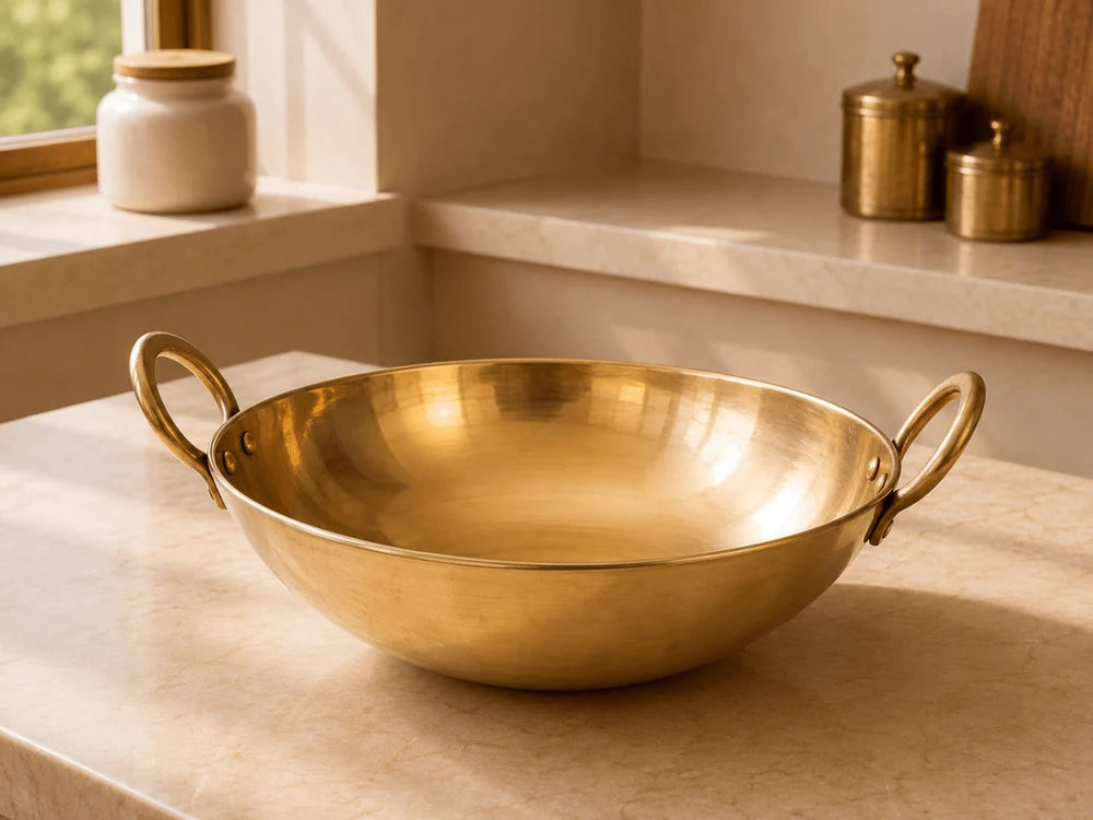 RoyalStuffs Pure Kansa Kadai with Broad Handles – Handmade Bronze Kadhai for Traditional Cooking (80:20 Certified Bronze)