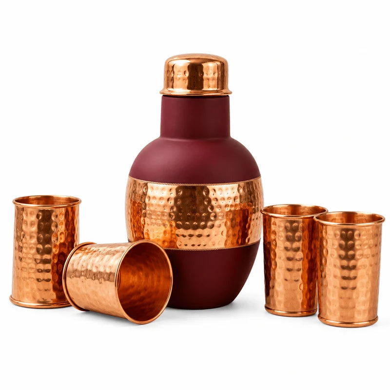RoyalStuffs Satin Coated Pure Copper Bedside Carafe Set – Antique Finish Copper Bottle with 4 Hammered Glasses (1250 ML)