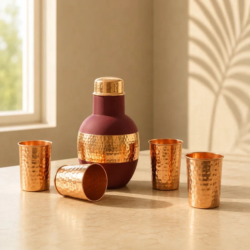 RoyalStuffs Satin Coated Pure Copper Bedside Carafe Set – Antique Finish Copper Bottle with 4 Hammered Glasses (1250 ML)