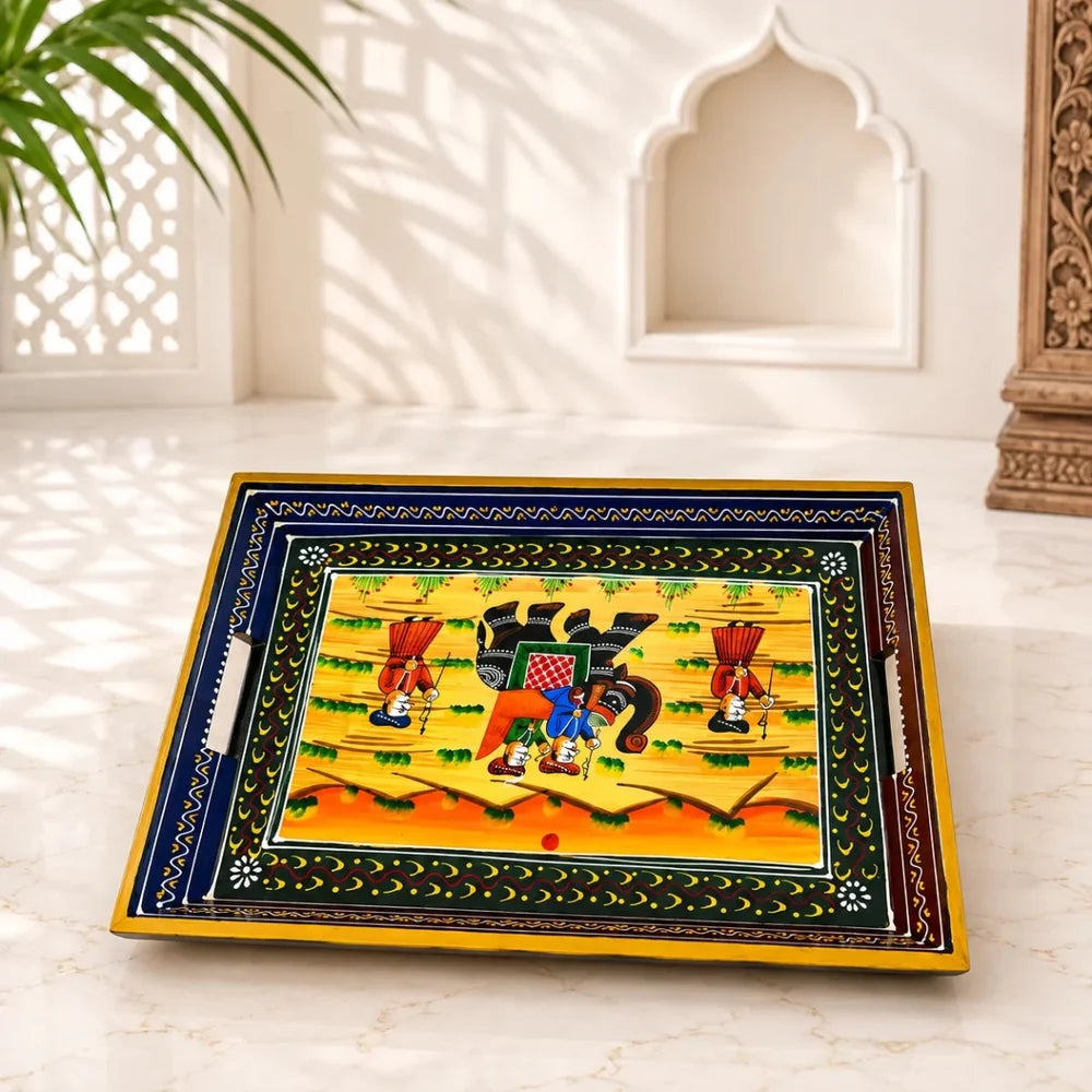 ROYALSTUFFS Serving Tray, set of 3, made of mango wood, Rajasthani painting, size 15″, 14″, 13″