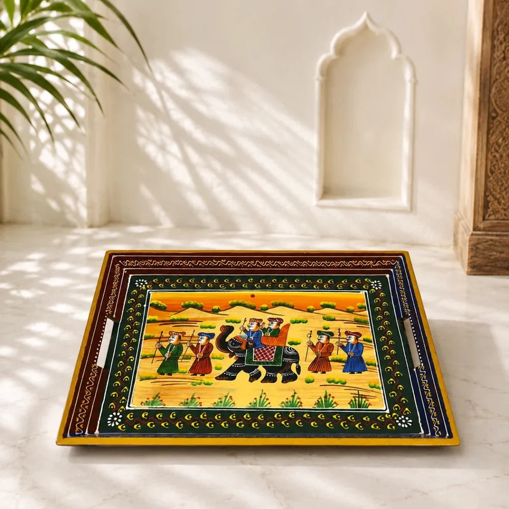 ROYALSTUFFS Serving Tray, set of 3, made of mango wood, Rajasthani painting, size 15″, 14″, 13″