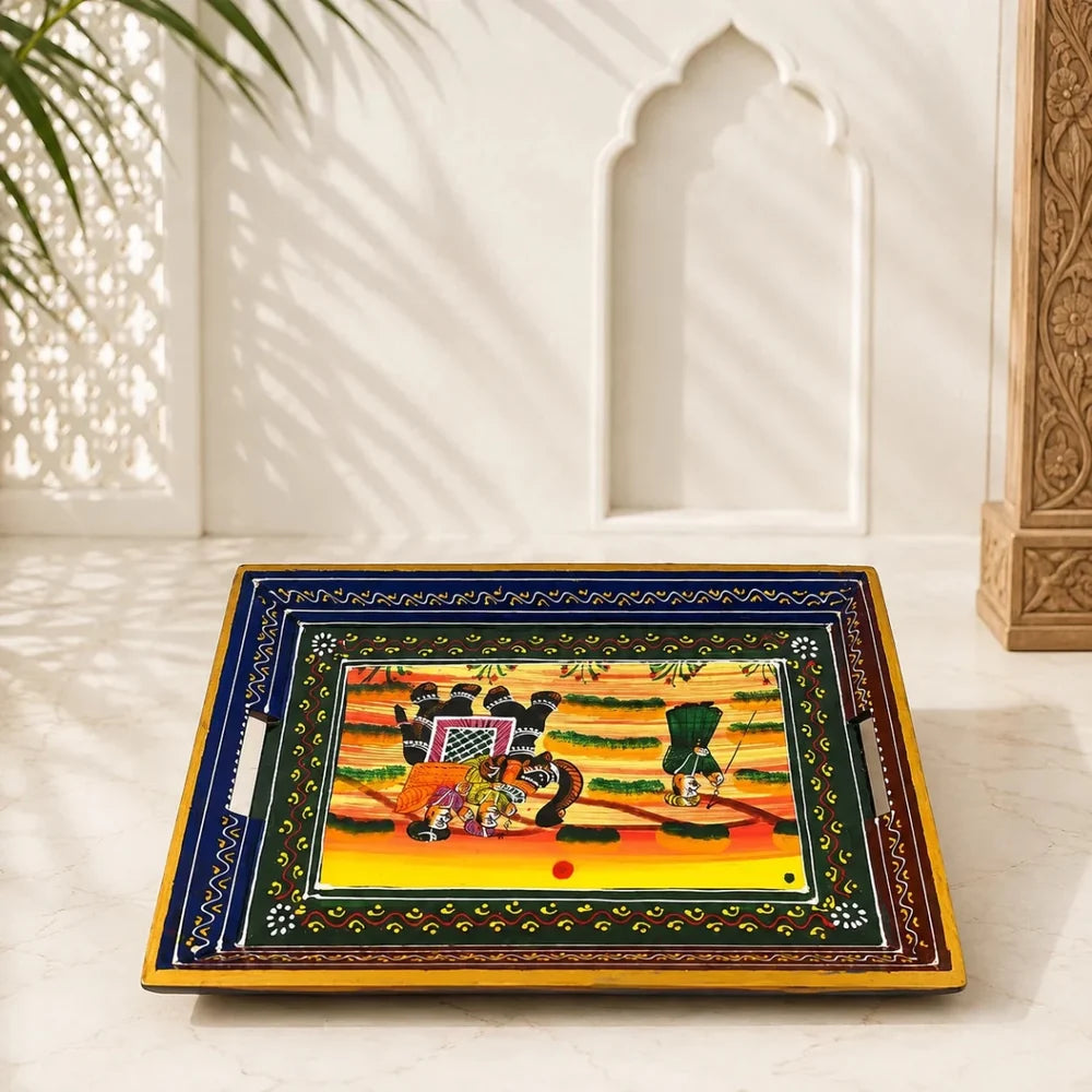 ROYALSTUFFS Serving Tray, set of 3, made of mango wood, Rajasthani painting, size 15″, 14″, 13″