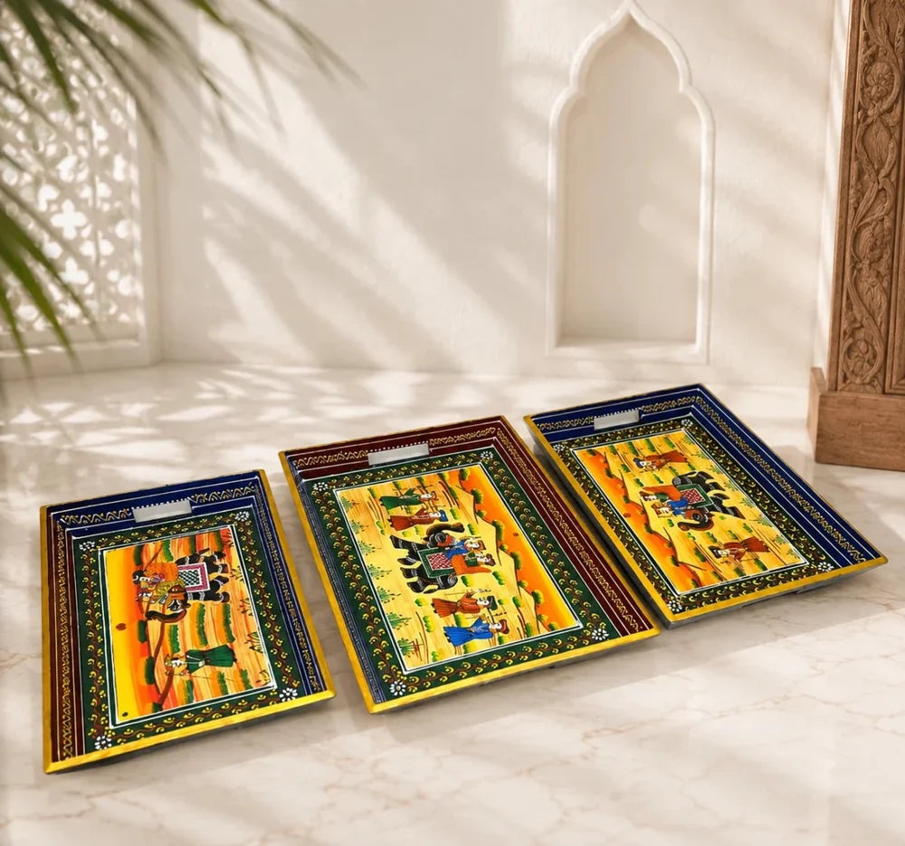 ROYALSTUFFS Serving Tray, set of 3, made of mango wood, Rajasthani painting, size 15″, 14″, 13″