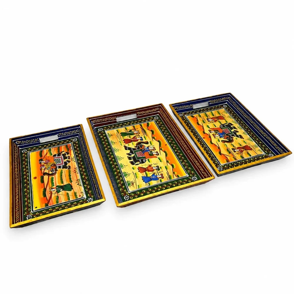 ROYALSTUFFS Serving Tray, set of 3, made of mango wood, Rajasthani painting, size 15″, 14″, 13″