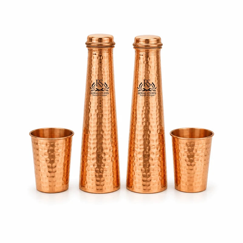 RoyalStuffs Tower Shape Copper Water Bottle Set – 2 Copper Bottles with 2 Hammered Tumblers (750 ML)