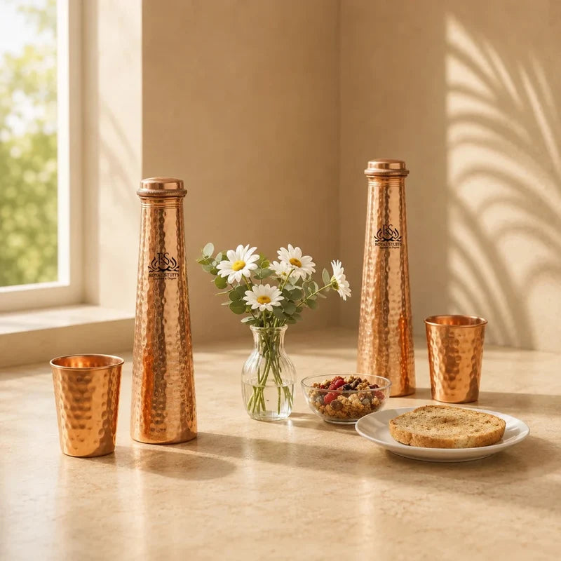 RoyalStuffs Tower Shape Copper Water Bottle Set – 2 Copper Bottles with 2 Hammered Tumblers (750 ML)