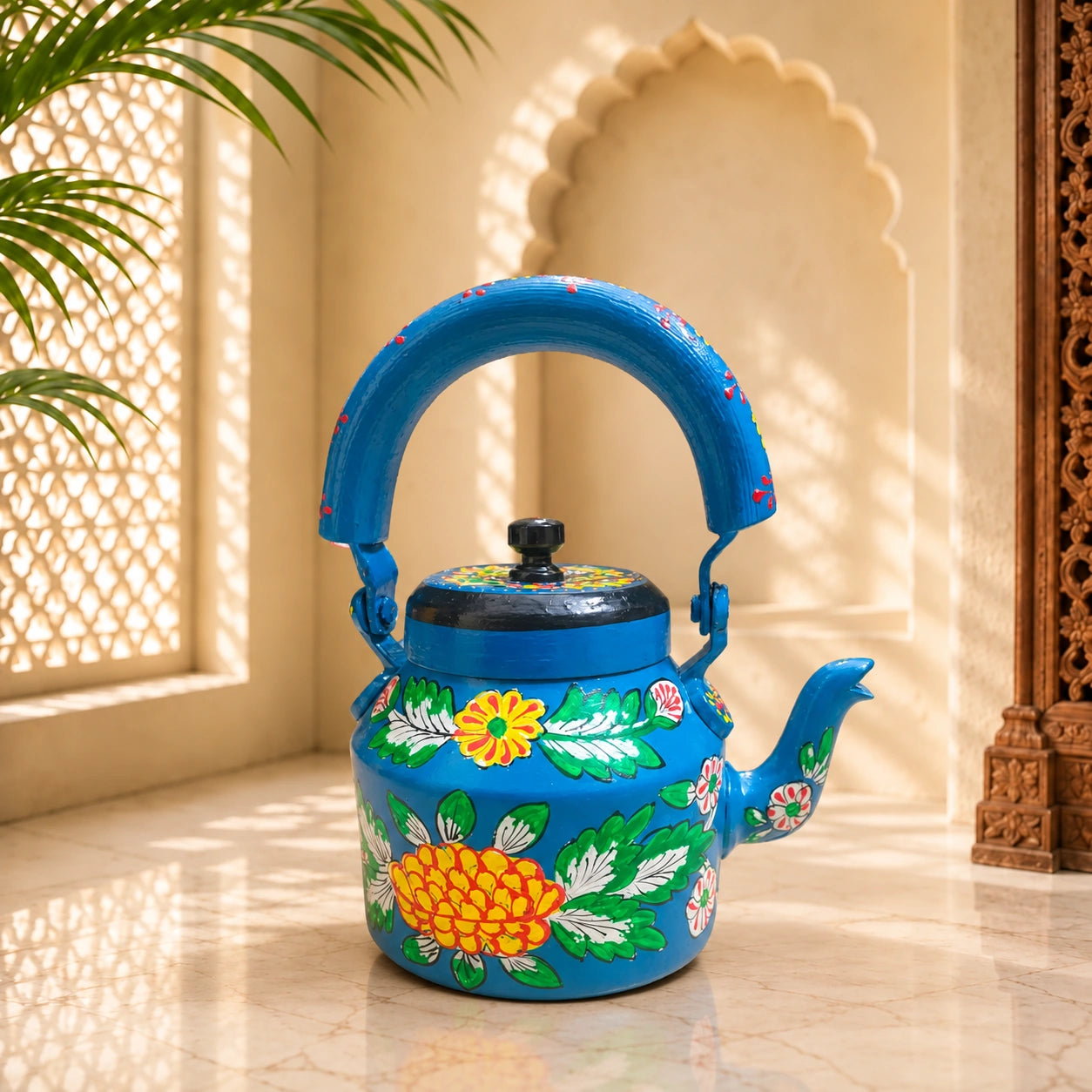 Blue Color Hand Painted Designer Aluminum Kettle for Tea, Capacity 1 L, Size 8.5"X5.5"X8.5 , Weight: 512 Gram