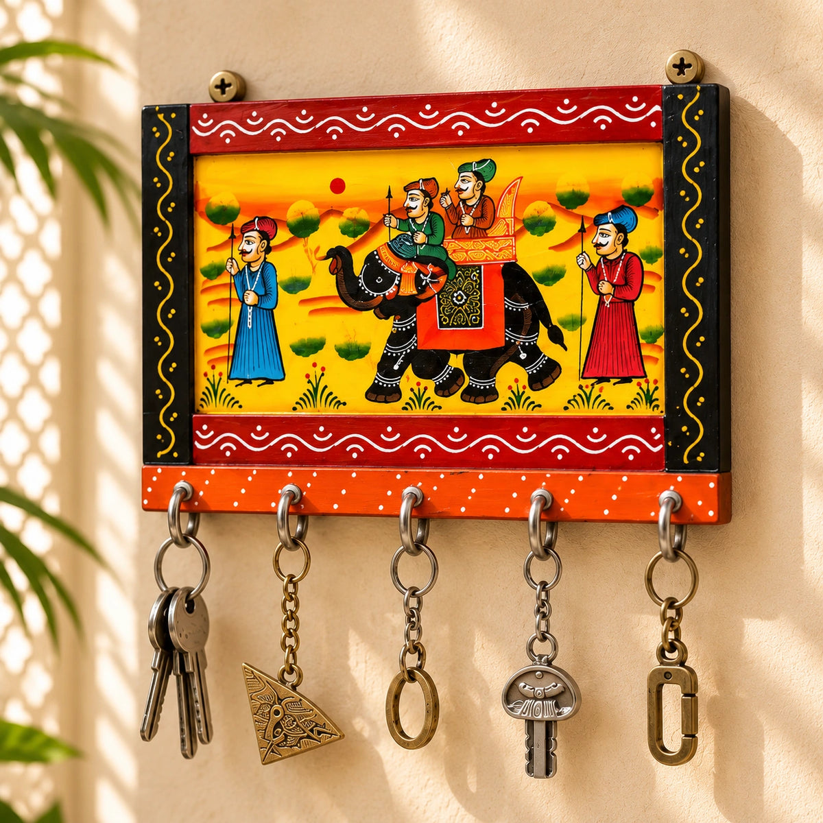Hand-Painted Wall Key Holder and Wooden Rajasthani Art Work Hook Hanging Key Holder (Medium)