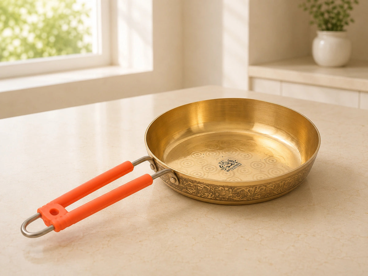 1500 ML Pure Brass Frying Pan – Handcrafted Cooking & Serving Pan with Handle