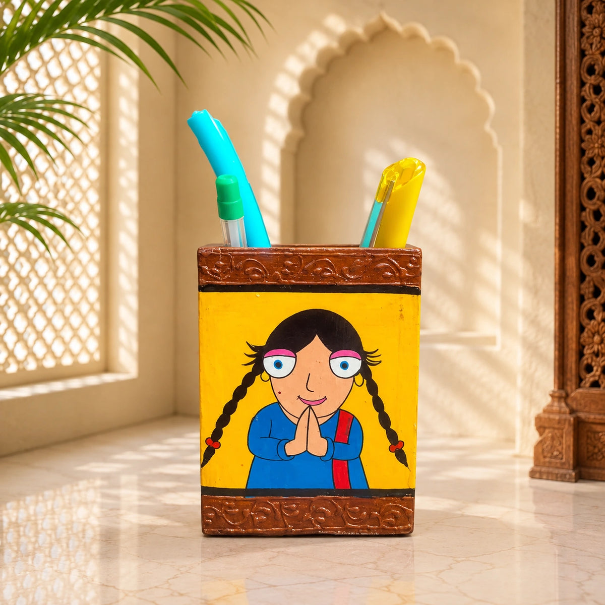 ROYALSTUFFS Namaste Design Wooden Pen Stand/Multipurpose Stand/Spoon Holder/Kitchen Utility with Artistic Painting on it, 4.1 Inch