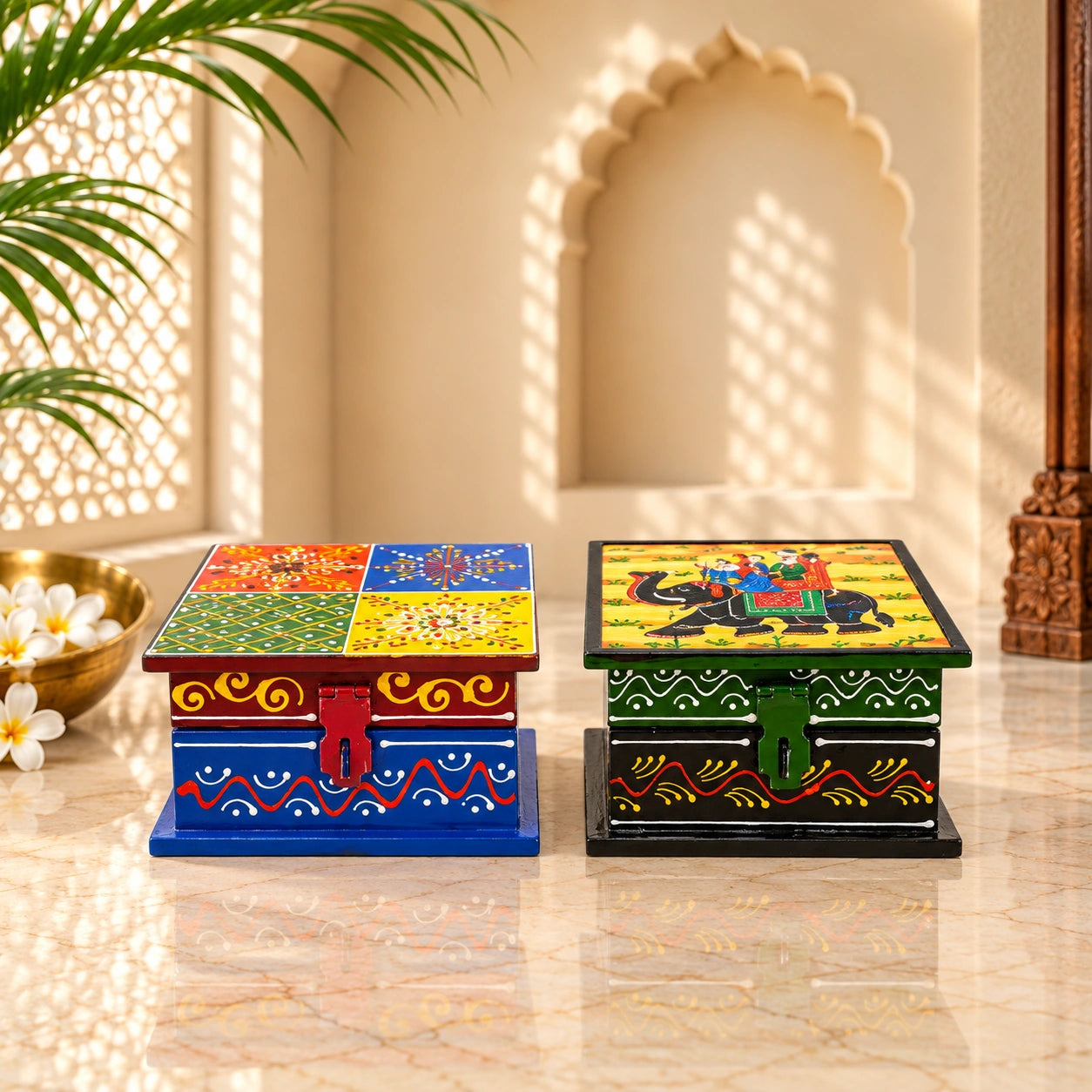 Set Of 2 Multicolor Teak Wood Handcrafted Wooden Box Set, For Home( Weight : 330 Gram)