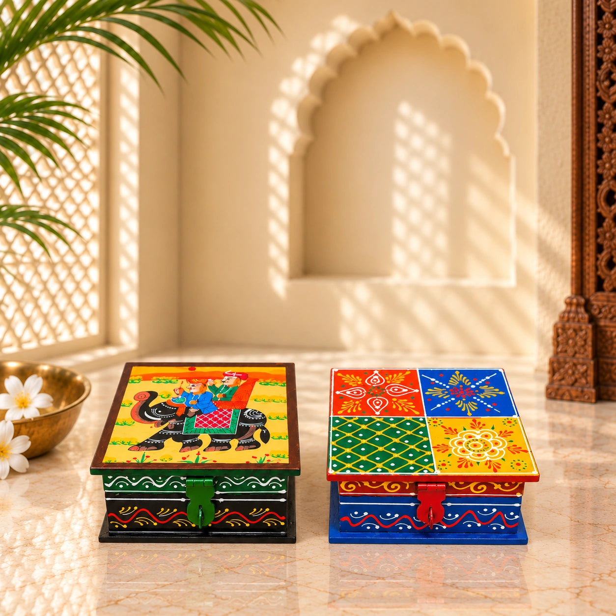 Set Of 2 Multicolor Teak Wood Handcrafted Wooden Box Set, For Home( Weight : 330 Gram)