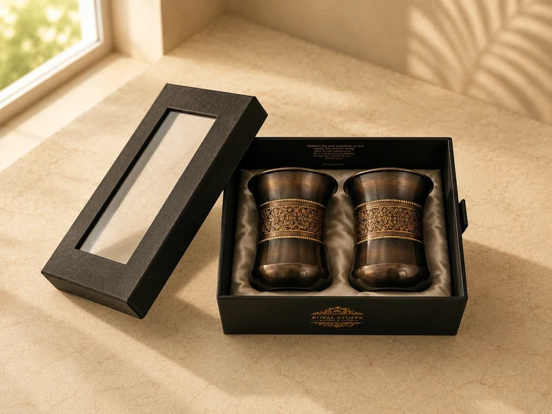 RoyalStuffs Pure Copper Antique Engraved Tumbler Set – Set of 2 Brown Copper Water Glasses with Gift Box (300 ML)