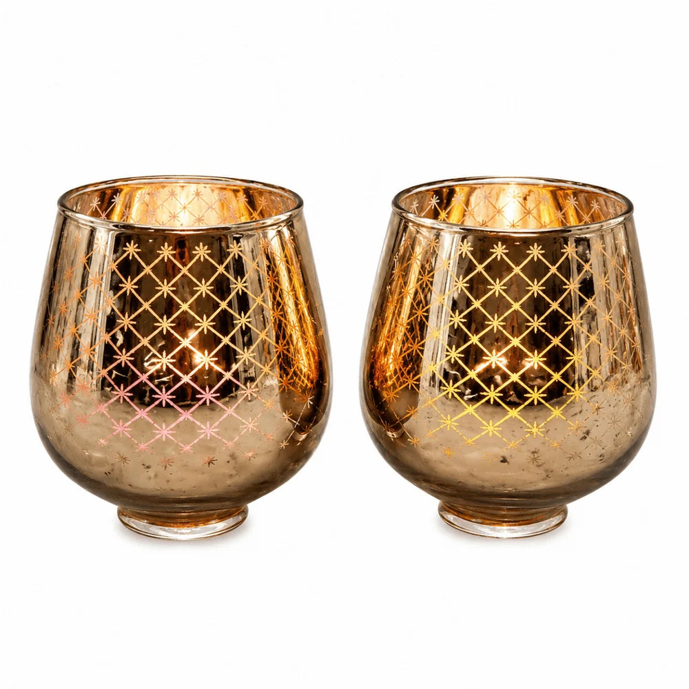 Set of 2 Golden Metal Votives with Tea Lights for Home Décor