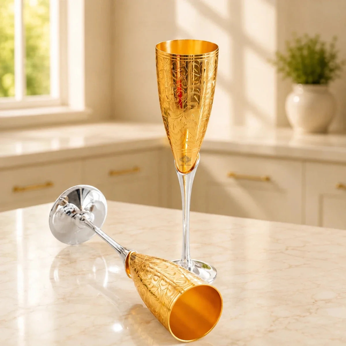 Set of 2 Gold Plated Brass Wine Glasses – Elegant Champagne Flute Goblets