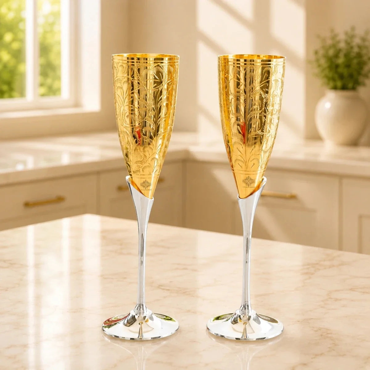 Set of 2 Gold Plated Brass Wine Glasses – Elegant Champagne Flute Goblets