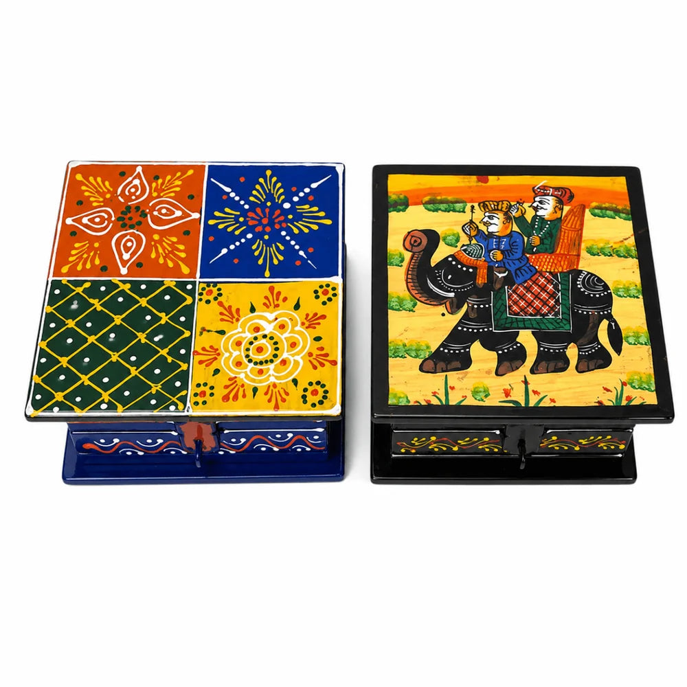 Set Of 2 Multicolor Teak Wood Handcrafted Wooden Box Set, For Home( Weight : 330 Gram)