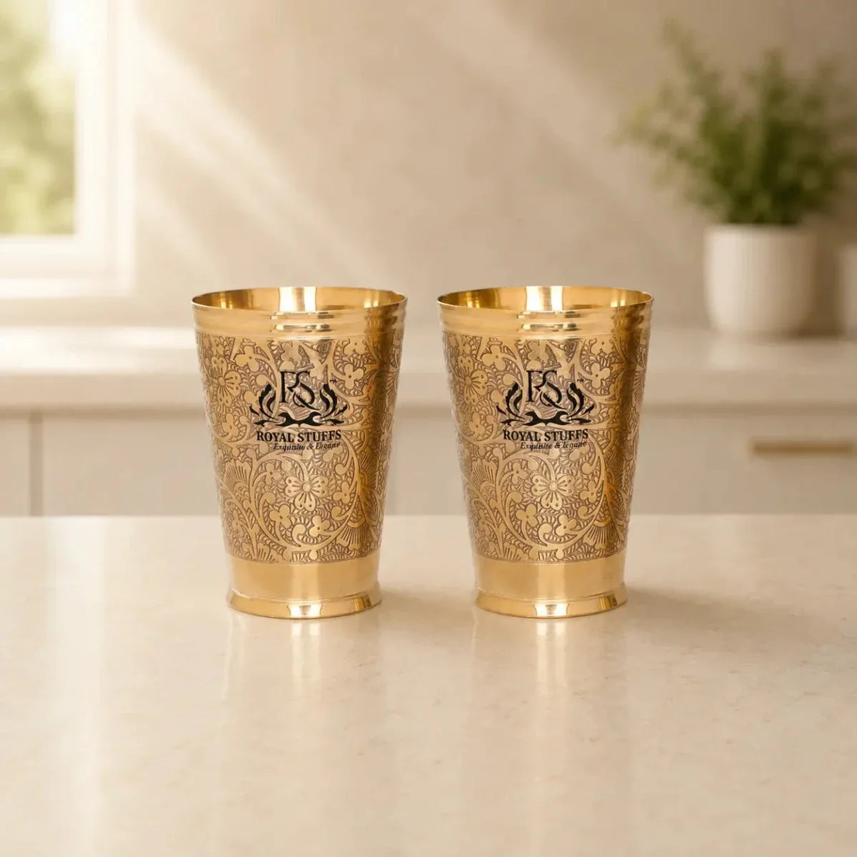 RoyalStuffs Set of 2 Pure Brass Drinking Glasses – Embossed Royal Design Brass Tumblers (300 ML)