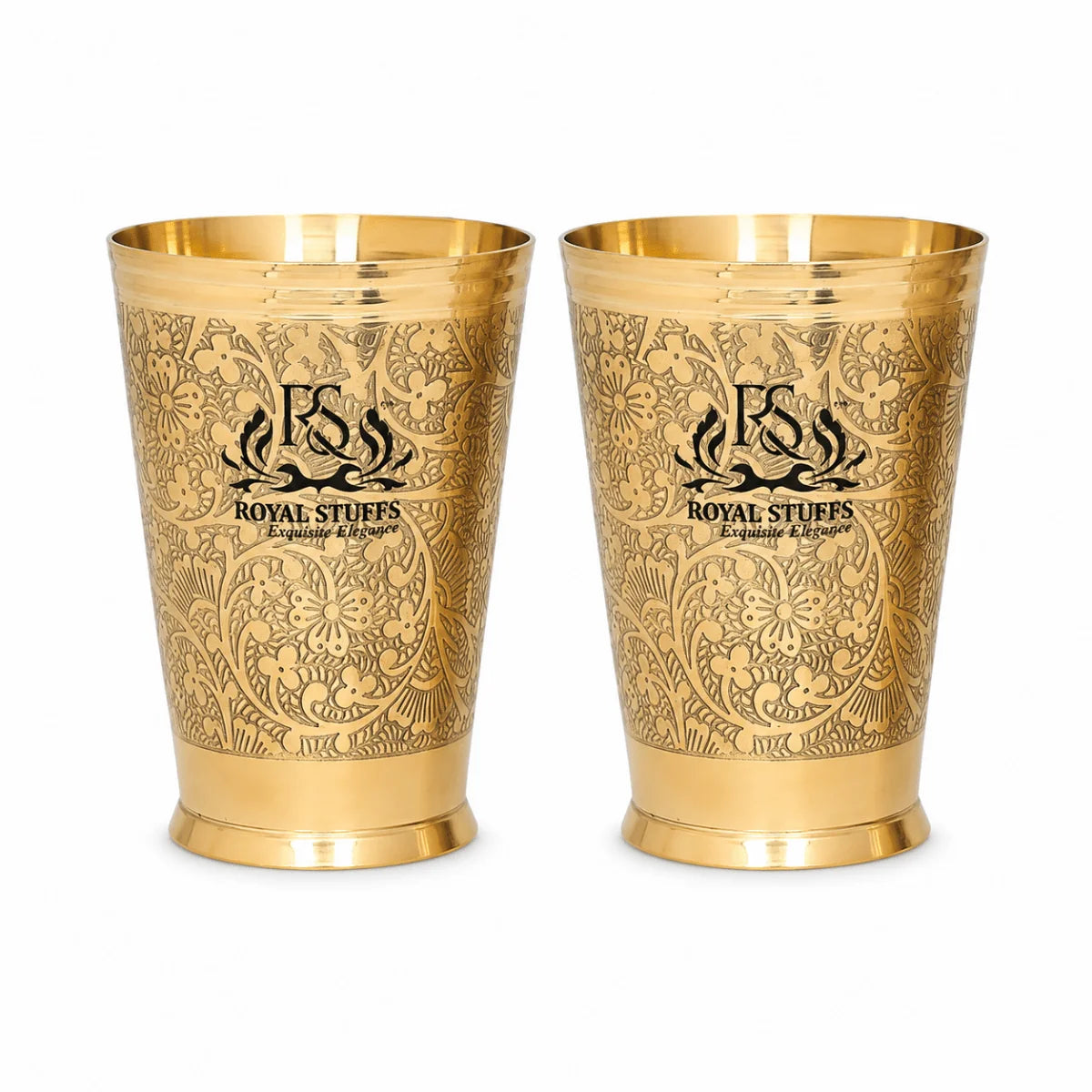 RoyalStuffs Set of 2 Pure Brass Drinking Glasses – Embossed Royal Design Brass Tumblers (300 ML)