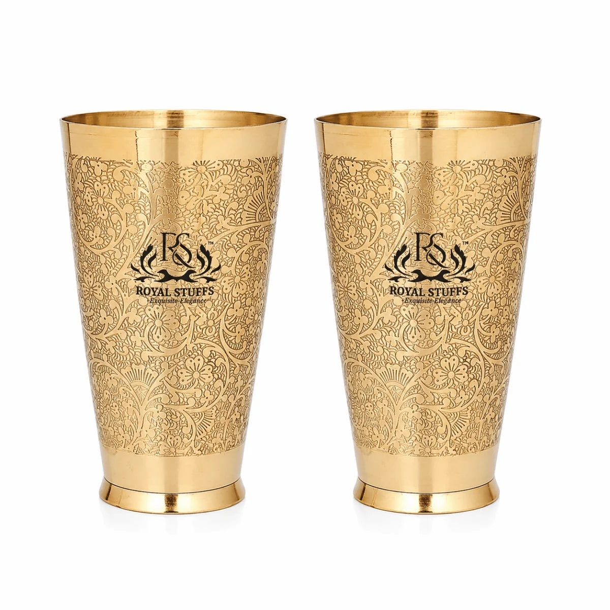 RoyalStuffs Set of 2 Pure Brass Lassi Glasses – 600 ML Embossed Traditional Design Tumblers