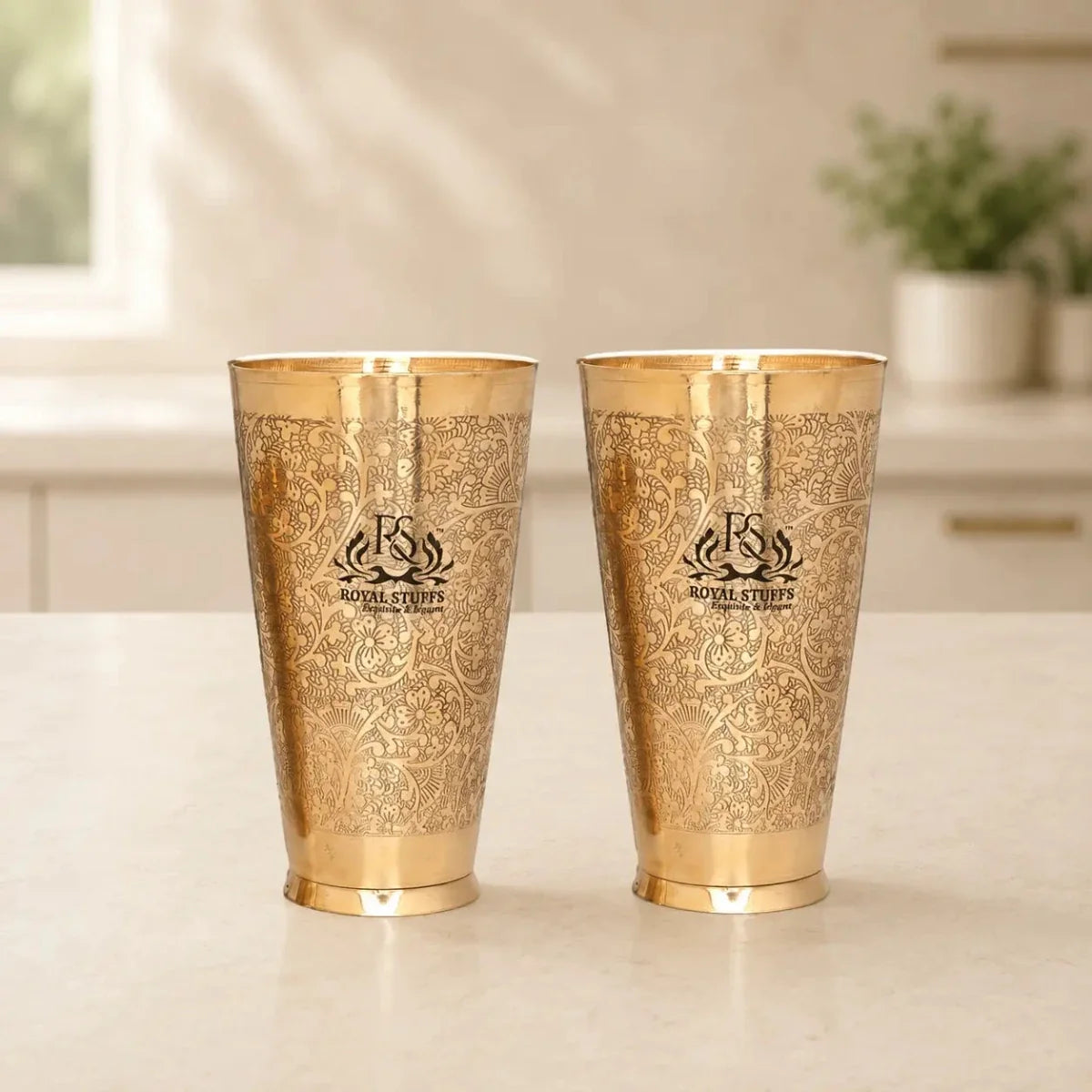 RoyalStuffs Set of 2 Pure Brass Lassi Glasses – 600 ML Embossed Traditional Design Tumblers