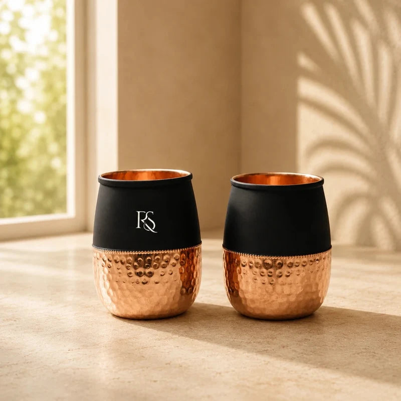 Set of 2 Silk Black Half Hammered Dholak Copper Tumblers – Pure Copper Water Glasses (250 ML)