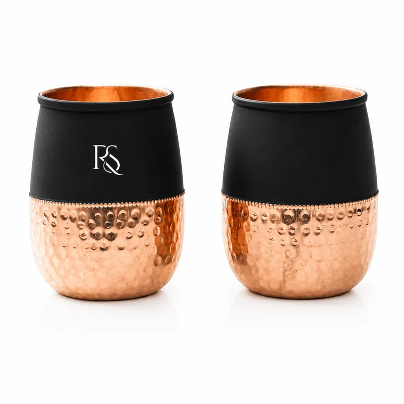 Set of 2 Silk Black Half Hammered Dholak Copper Tumblers – Pure Copper Water Glasses (250 ML)