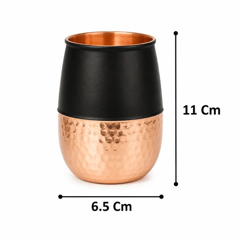 Set of 2 Silk Black Half Hammered Dholak Copper Tumblers – Pure Copper Water Glasses (250 ML)