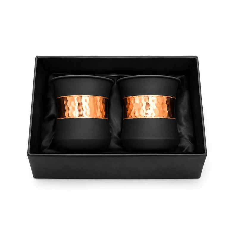 Set of 2 Silk Black Half Hammered Copper Tumblers – Pure Copper Water Glass Set (250 ML)