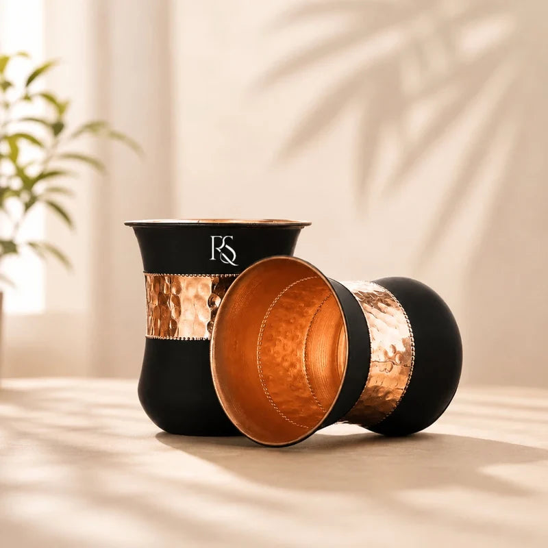 Set of 2 Silk Black Half Hammered Copper Tumblers – Pure Copper Water Glass Set (250 ML)