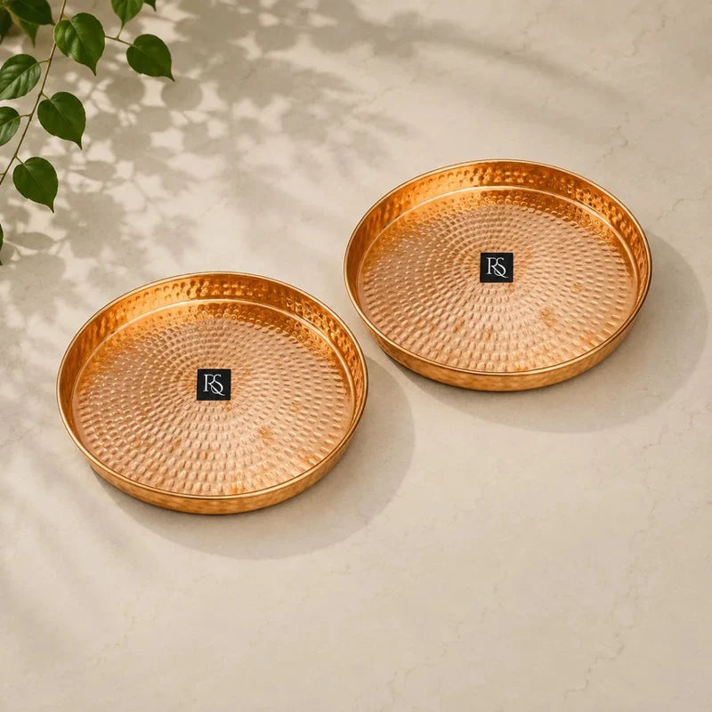 Set of 2 Traditional Design Pure Copper Plates with Hammered Design -12-inch Diameter