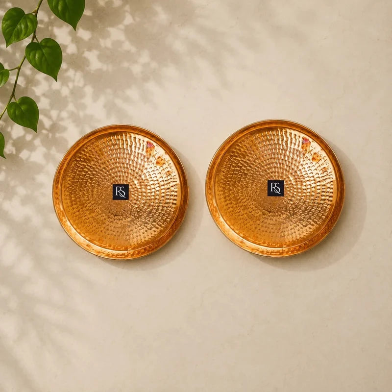 Set of 2 Traditional Design Pure Copper Plates with Hammered Design -12-inch Diameter