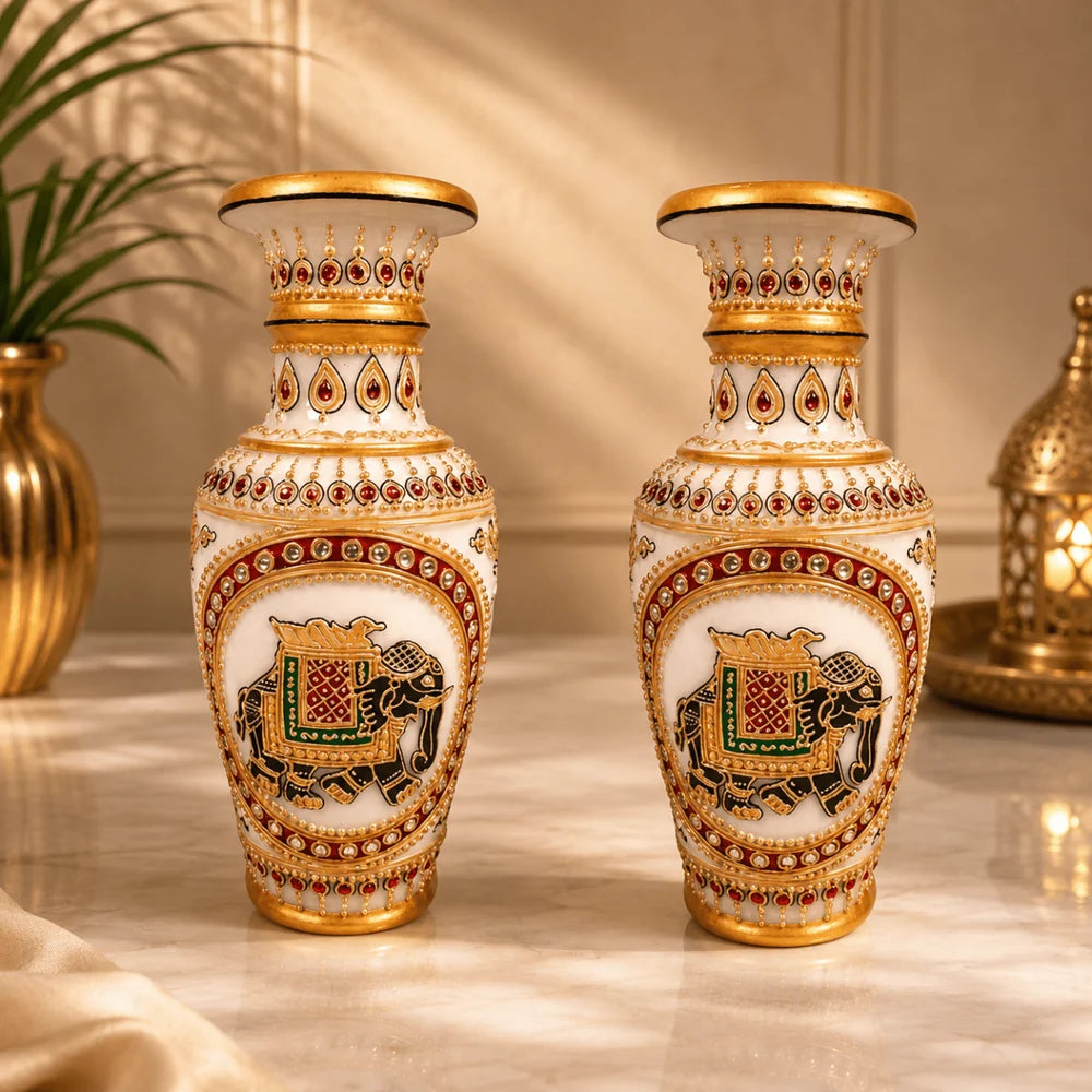Set of 2 Vintage Makrana Marble Vases - Hand-Painted Rajasthani Art
