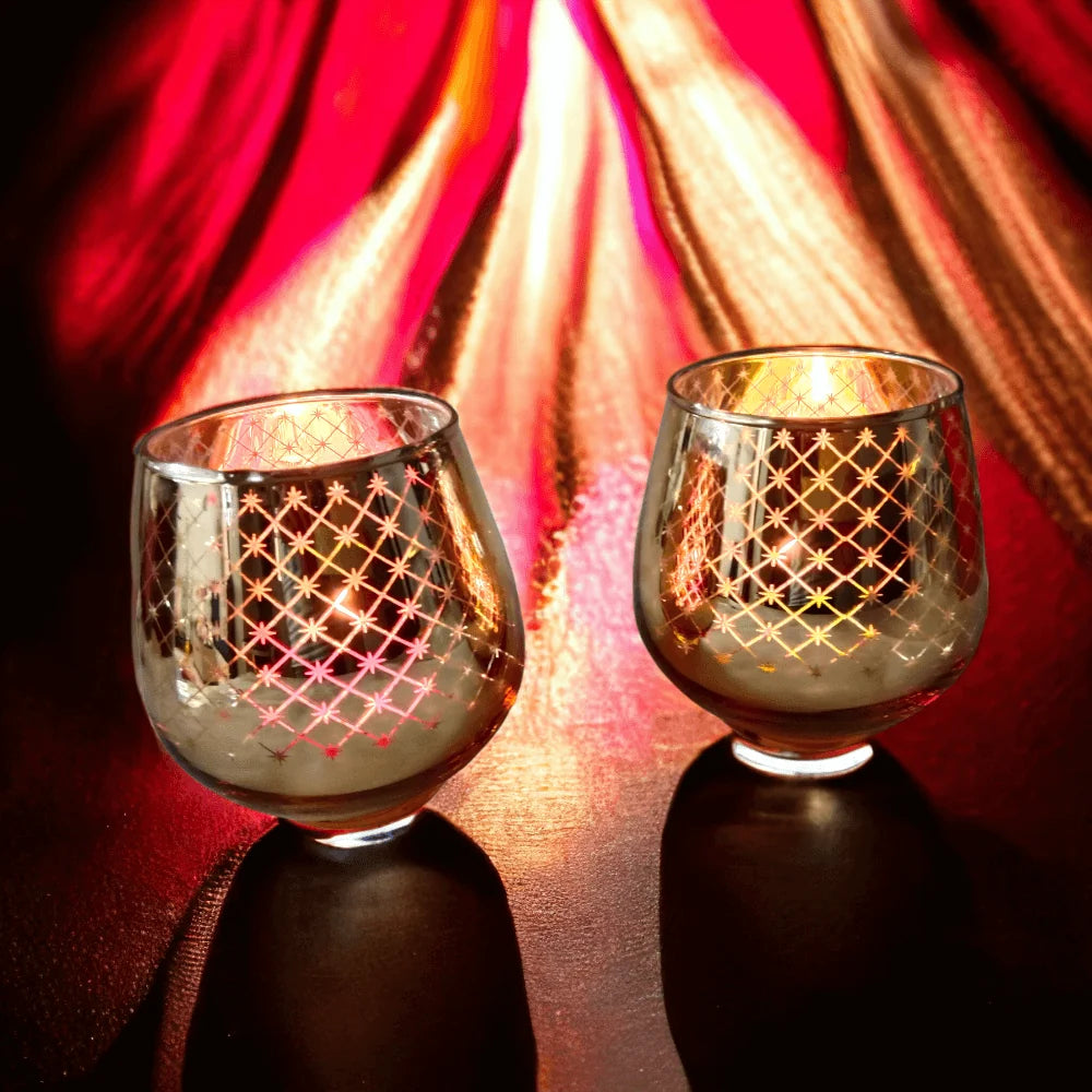 Set of 2 Golden Metal Votives with Tea Lights for Home Décor