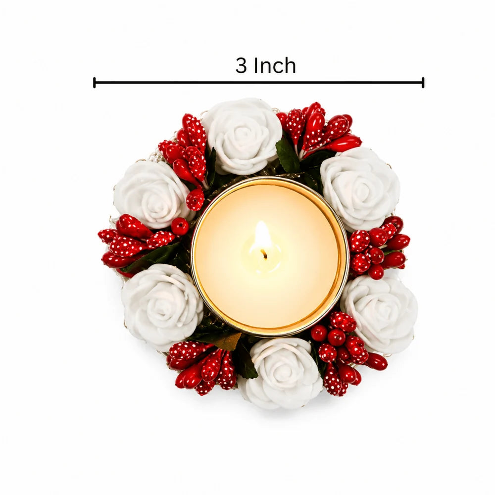 Set of 4 White Rose Metal Diya Tea Light Candle Holders