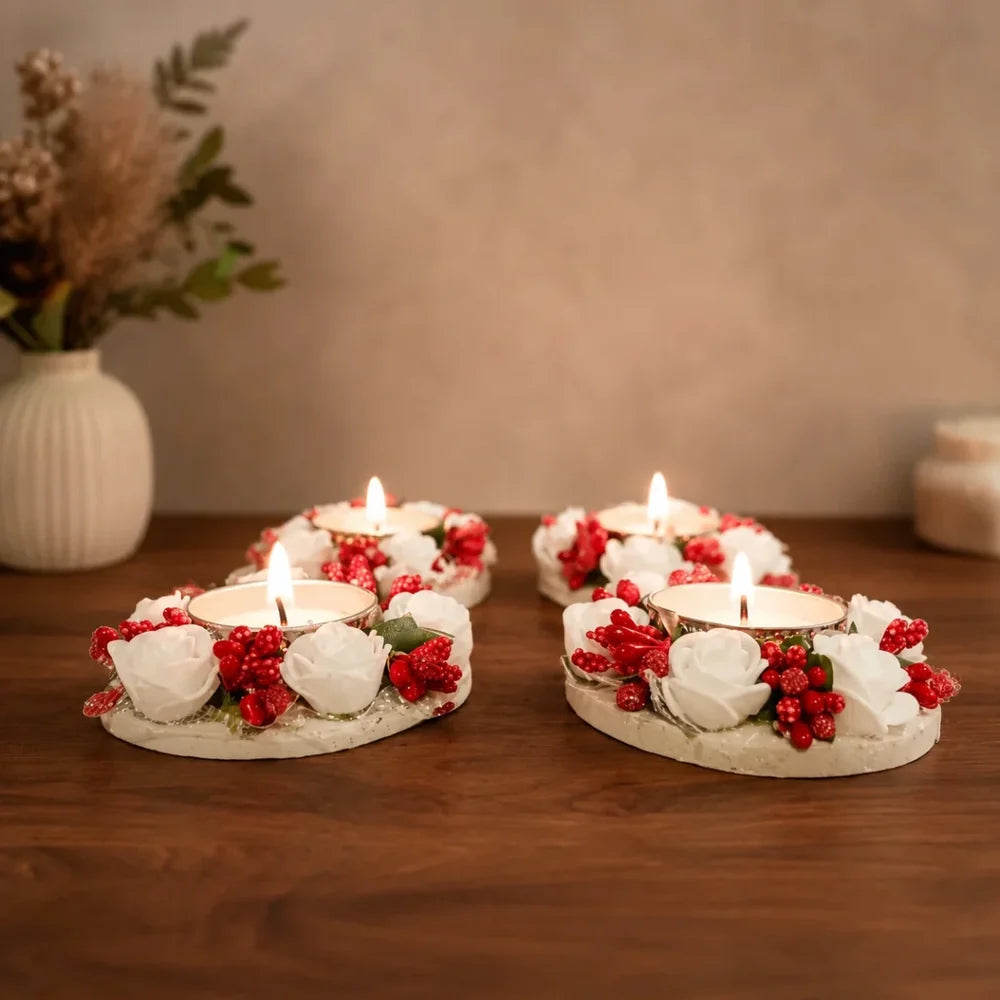 Set of 4 White Rose Metal Diya Tea Light Candle Holders