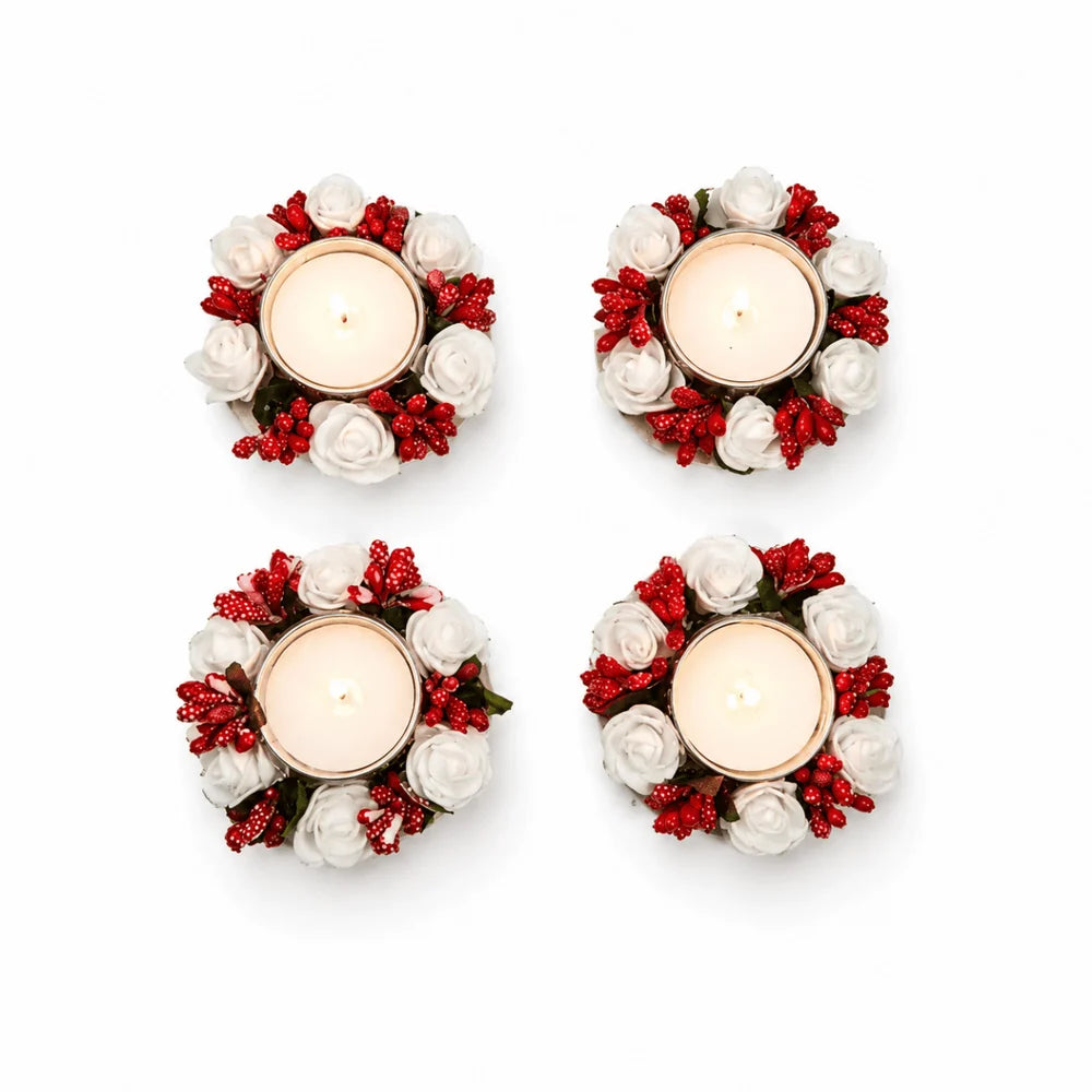 Set of 4 White Rose Metal Diya Tea Light Candle Holders