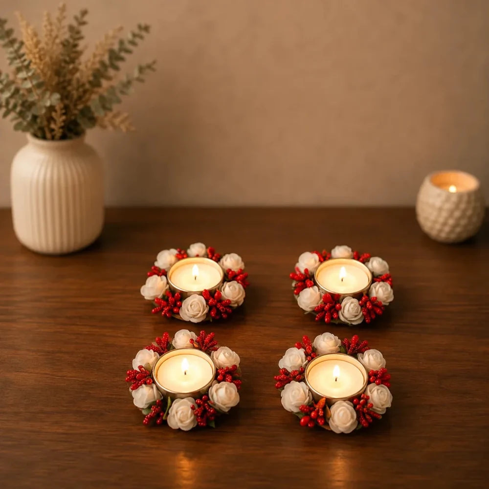 Set of 4 White Rose Metal Diya Tea Light Candle Holders