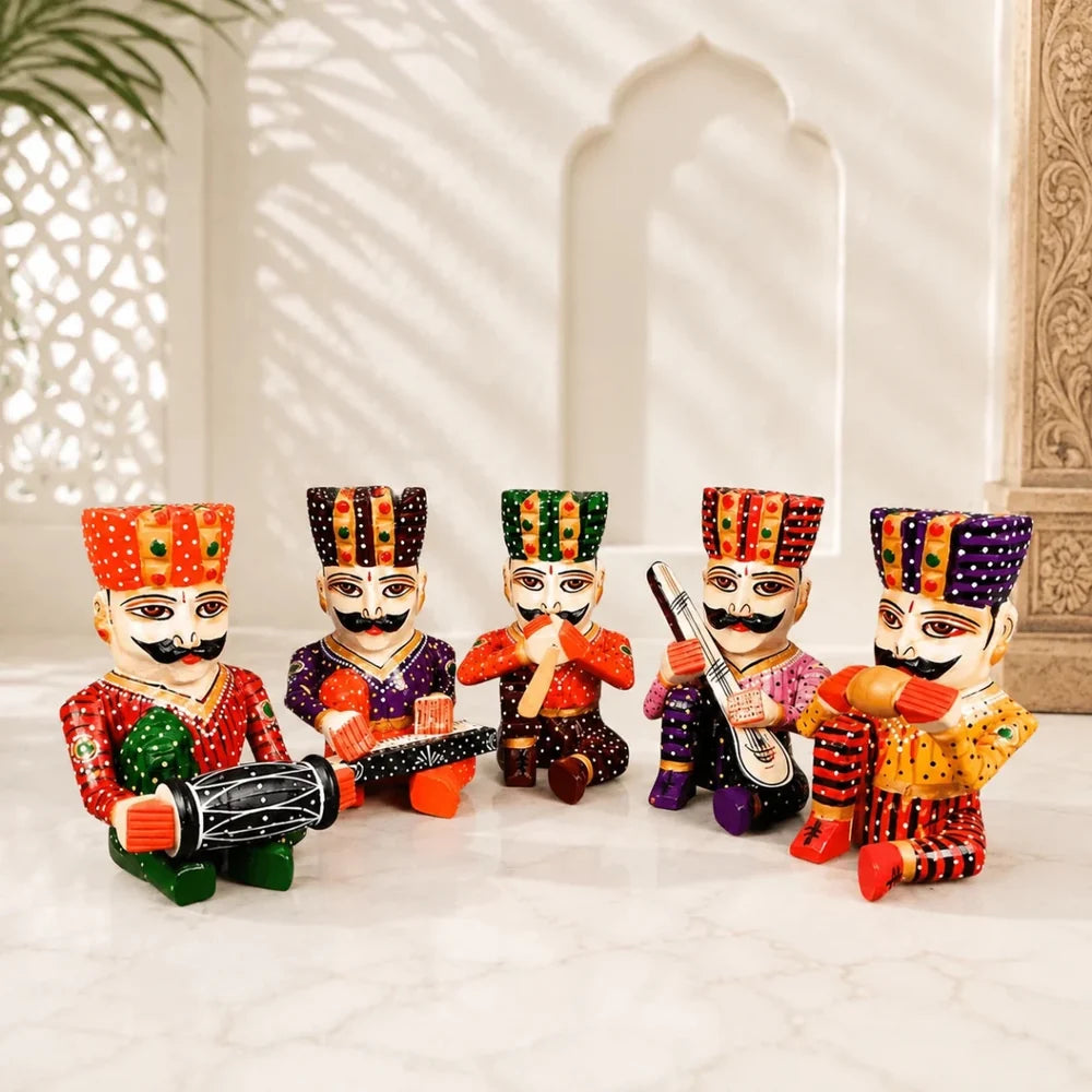 Set of 5 Royal Rajasthani Musician Wooden Showpiece - For Table & Home Decor - 6 Inch