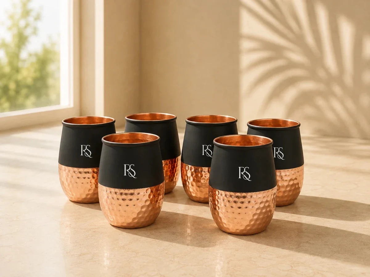 Silk Black Half Hammered Dholak Copper Tumbler Set – Pure Copper Water Glasses Set of 6 (250 ML)